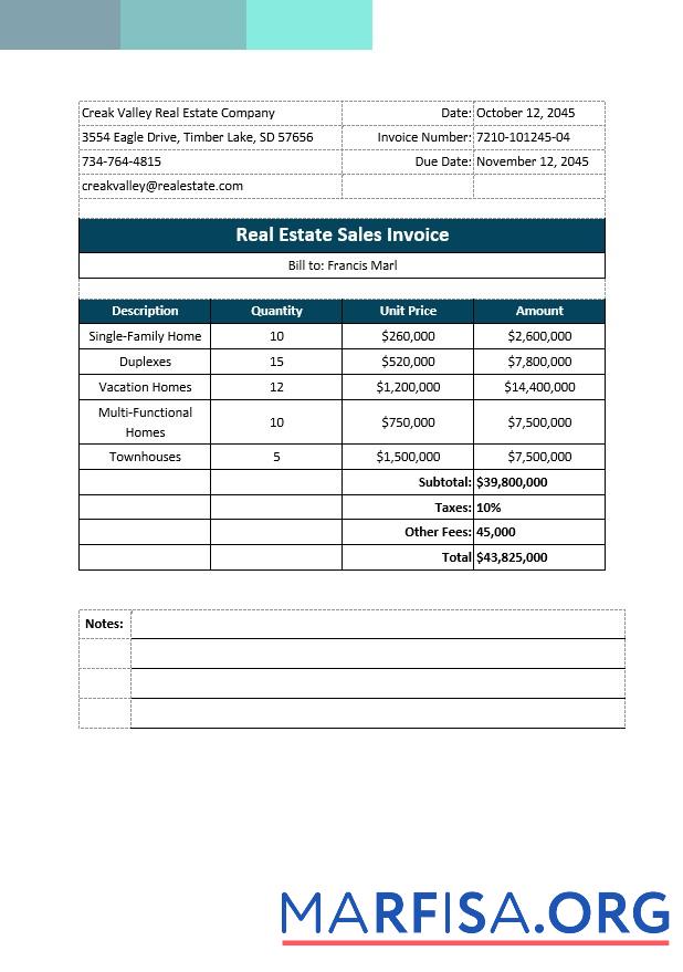 Printable Real Estate Sales Invoice Template